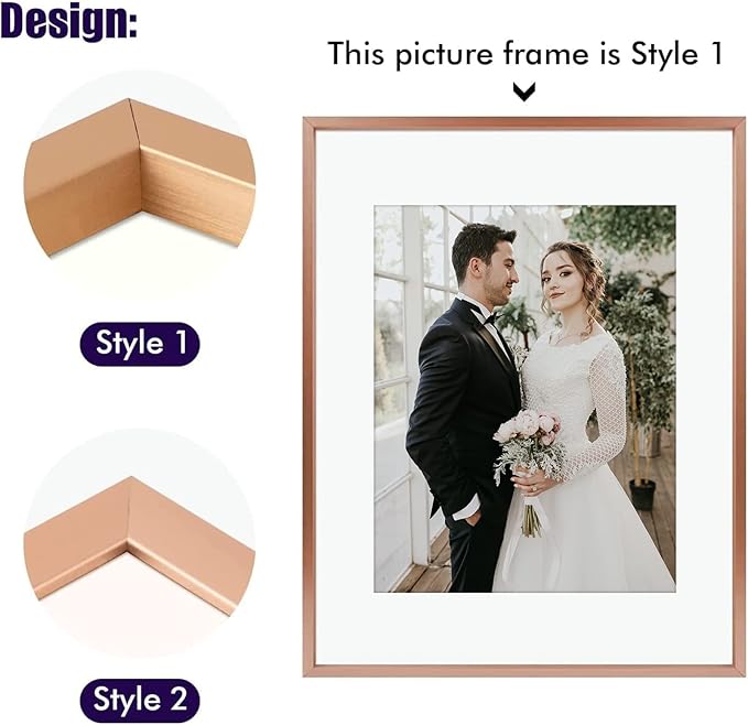 Golden State Art, Picture Frame Set 7 Pack, Gallery Wall Frame with One 11x14, Two 8x10, and Four 5x7. Aluminum Photos Frame for Wall or Tabletop Display (Style 1, Rose Gold, 7 Pack)