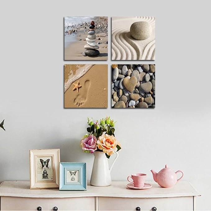 Wieco Art Romantic Beach Theme 4 Piece Modern Giclee Artwork Sea Beach Ocean Canvas Prints Contemporary Abstract Seascape Pictures Paintings on Canvas Wall Art for Bedroom Home Decorations