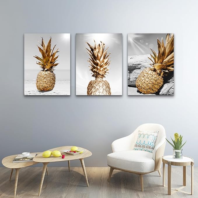 Lapremoly Large Wall Decor for Kitchen Dining Room Artwork Black And White Wall Painting 3 Piece Canvas Wall Art For Living Room Beach Scenery Pineapple Pictures Restaurant Framed Wall Decoration