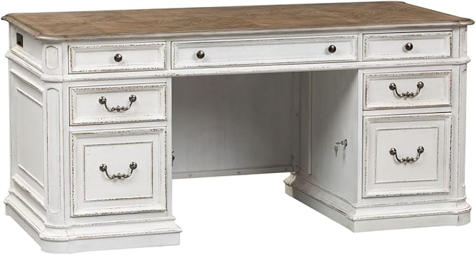 Liberty Furniture Magnolia Manor Complete 5 Piece Desk Set for Home Office - Antique White & Weathered Bark