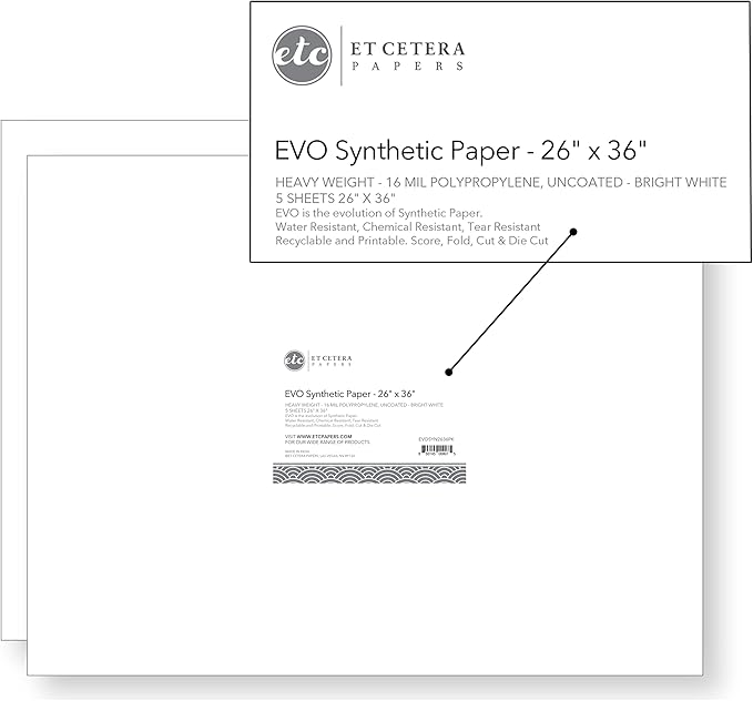 Alcohol Ink Paper - Non-Absorbent, Heavy Weight & Tear Resistant - Forgiving - Many Inks Wipe Off Clean for Easy Reuse On White - Flexible Bright White EVO 26x36 Inch (5 Sheets)