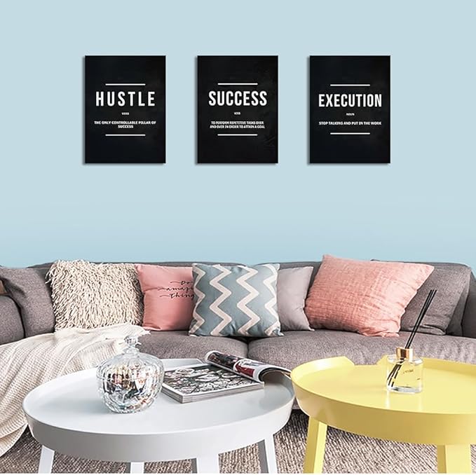 Unbruvo Hustle Success Execution Wall Art for Office, Inspirational Motivational Wall Decor, 3 Pieces Positive Quotes Canvas Wall Art for Entrepreneur Living Room Bedroom(48''Wx 24''H)