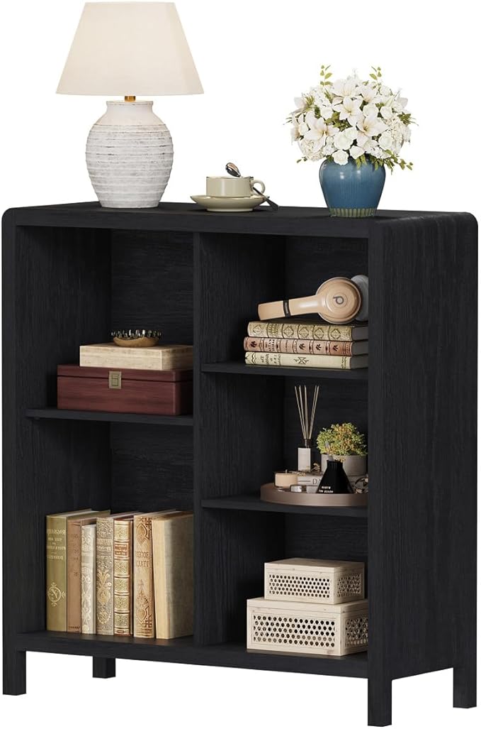FATORRI 5 Cube Bookshelf, Wood Bookcase with 3 Adjustable Shelves, Farmhouse Cube Storage Organizer Shelf for Small Space Bedroom Living Room (Black)