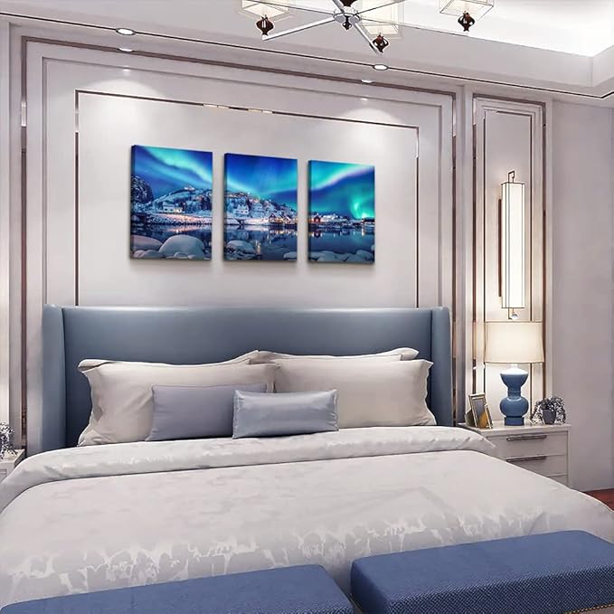Aurora Landscape Canvas Wall Art - 3 Piece Stretched & Framed Wall Paintings Ready To Hang For Living Room, Bedroom & Office