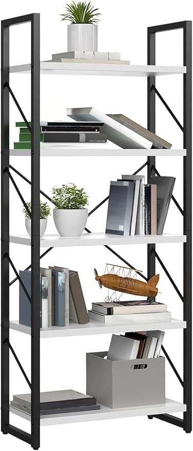 YITAHOME 5 Tiers Bookshelf, Classically Modern White Bookshelf, Book Rack, Storage Rack Shelves in Living Room/Home/Office, Books Holder Organizer for Books/Movies, Black & White