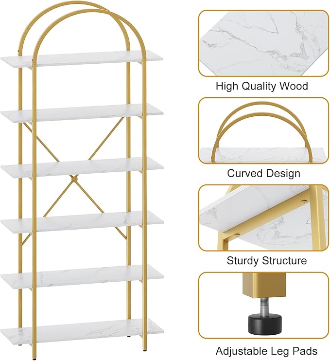 6 Tier Bookshelf, 83" Tall Arched Bookcase, Tall Book Shelf with Metal Frame, Modern Display Standing Shelf for Living Room, Home Office, Bedroom, Gold