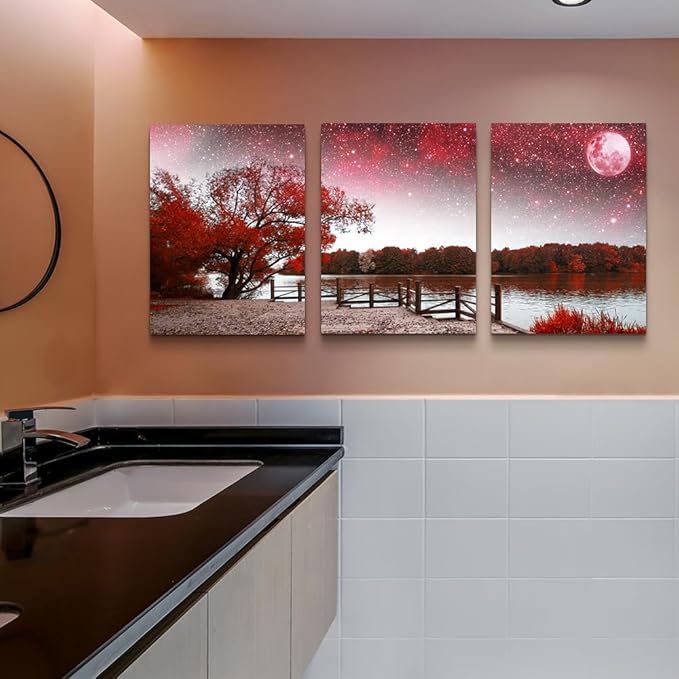 DZRWUBHS Red Tree Landscape Wall Paintings Large Canvas Wall Art For Living Room Modern Wall Decoration For Office Bedroom Decor Inspiration Abstract Pictures Prints Artwork Room Home Decor 3 Piece
