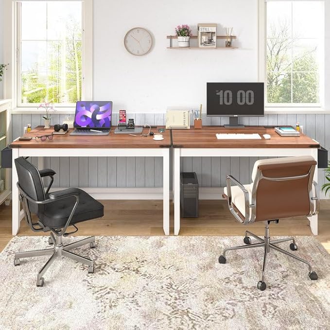 EnHomee 40 Inch Small Desk with Storage Bag Detachable, Gaming Desk with Power Outlet, Modern Simple Home Office Desk and Writing Desk for Small Spaces, Study Desk for Bedroom, Brown & White