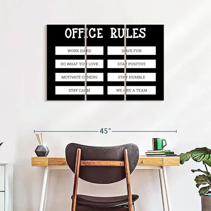 Elephant Stock - Office Rules Wall Art - Horizontal Multi Panel Canvas - 3 Piece Home Office Wall Decor - Digital Art Motivational Typography Multi Piece Wall Art - Black And White Decor by Cad Designs - 38" x 24"