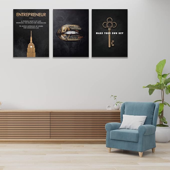 Halioyo Motivational Wall Art Canvas Prints, 3 Panel Entrepreneur Office Wall Art with Inspirational Quotes, Positive Saying Painting Posters for Living Room Bedroom(16x24inch), Ready to Hang