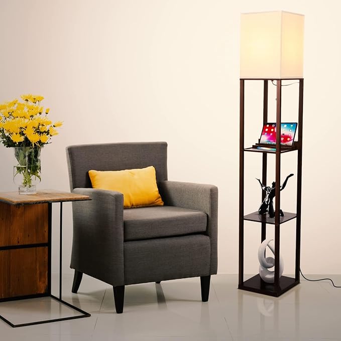Brightech Maxwell Charger - Modern Shelf Floor Lamp with USB Charging Ports & Electric Outlet - Corner Display Floor Lamps with Shelves for Living Room, Bedroom and Office - Havana Brown
