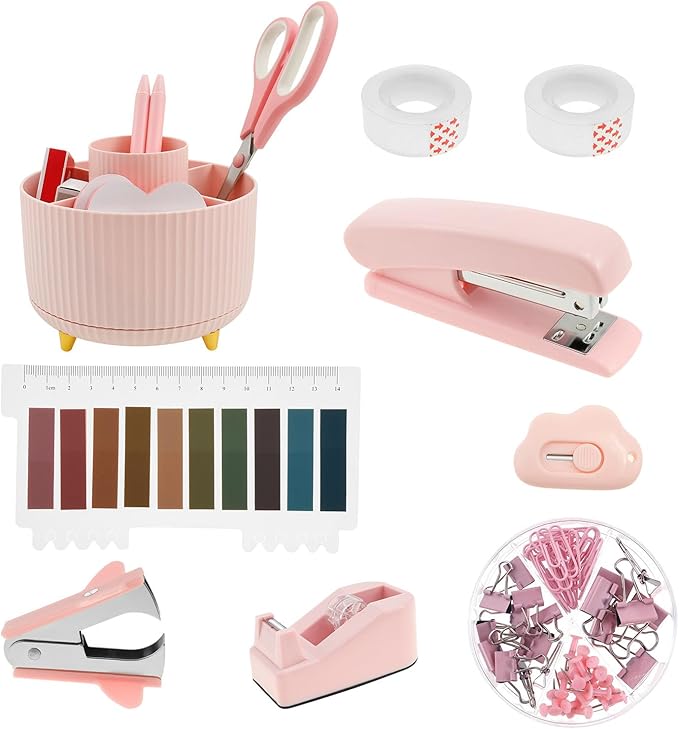 Office Supply Set, Practical Desk Accessories Set, Portable Desk Office Supply Sets Tape Dispenser, Convenient Offices Desks Accessories with 360° Pen Holder Staples Scissor for Offices Home Best Gift