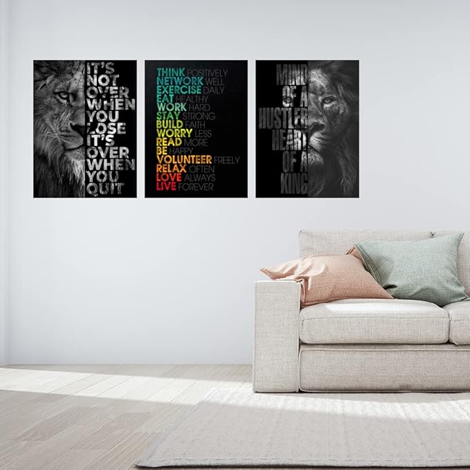 3 Pieces Lion Wall Art - Motivational Wall Art, Inspirational Canvas Prints for Office Decor, Positive Quotes Posters for Men, Leadership & Strength Pictures for Bedroom Living Room, 24inch x36inch