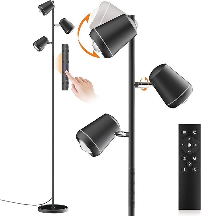 36W LED Tree Floor Lamp, Upgraded 3 Rotatable Lights Standing Lamp with Remote & Touch Control, Dimmable Tall Lamp Modern Floor Lamps for Living Room Bedroom Office
