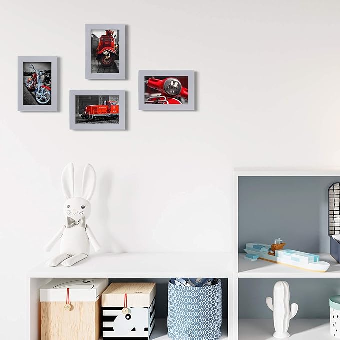 Egofine 4x6 Picture Frames Set of 4, Made of Solid Wood Covered by Plexiglass 3x4.5 and 3.5x5 with Mat or 4x6 without Mat, for Table Top Display and Wall Mounting Photo Frame, Light Grey