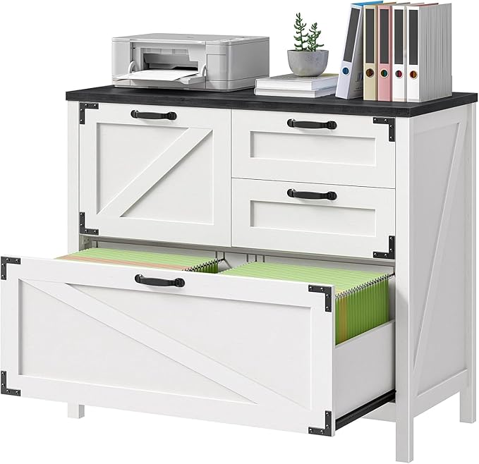 Vabches 4-Drawer Wood Lateral File Cabinet for Hanging Files Letter/A4/Legal Size, Large Farmhouse File Cabinets for Home Office, Printer Stand with Office Cabinet, White and Black