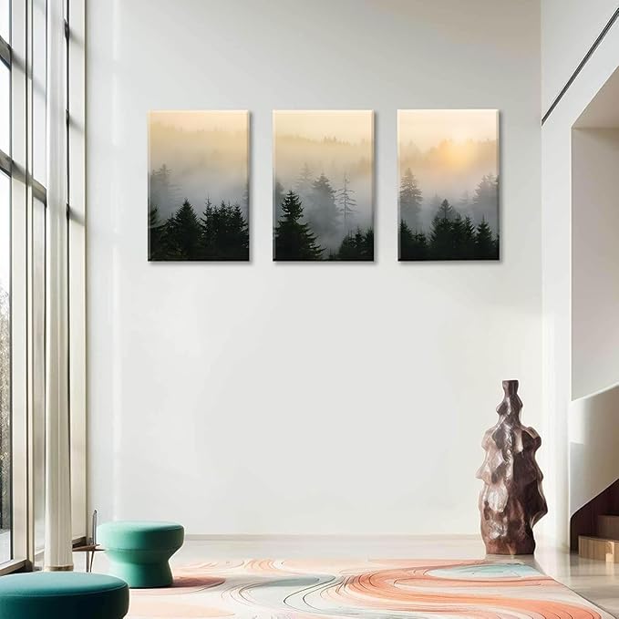 Bwodke Canvas Wall Art Mountain Framed Wall Art Set of 3 Nature Landscape Picture Decor Forest Prints Artwork Painting for Living Room Bedroom Office 12"x16"