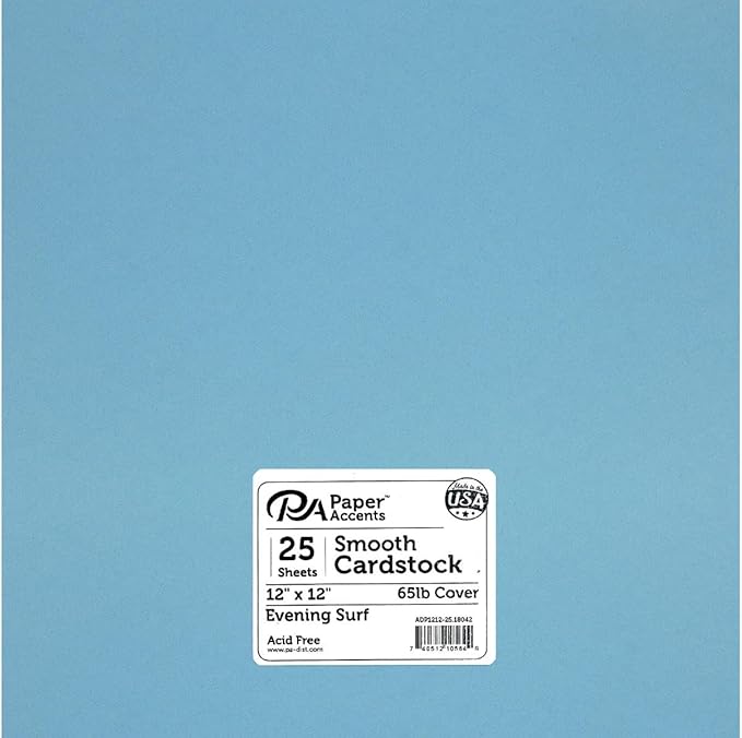PA Paper Accents Smooth Cardstock 12" x 12" Evening Surf, 65lb colored cardstock paper for card making, scrapbooking, printing, quilling and crafts, 25 piece pack