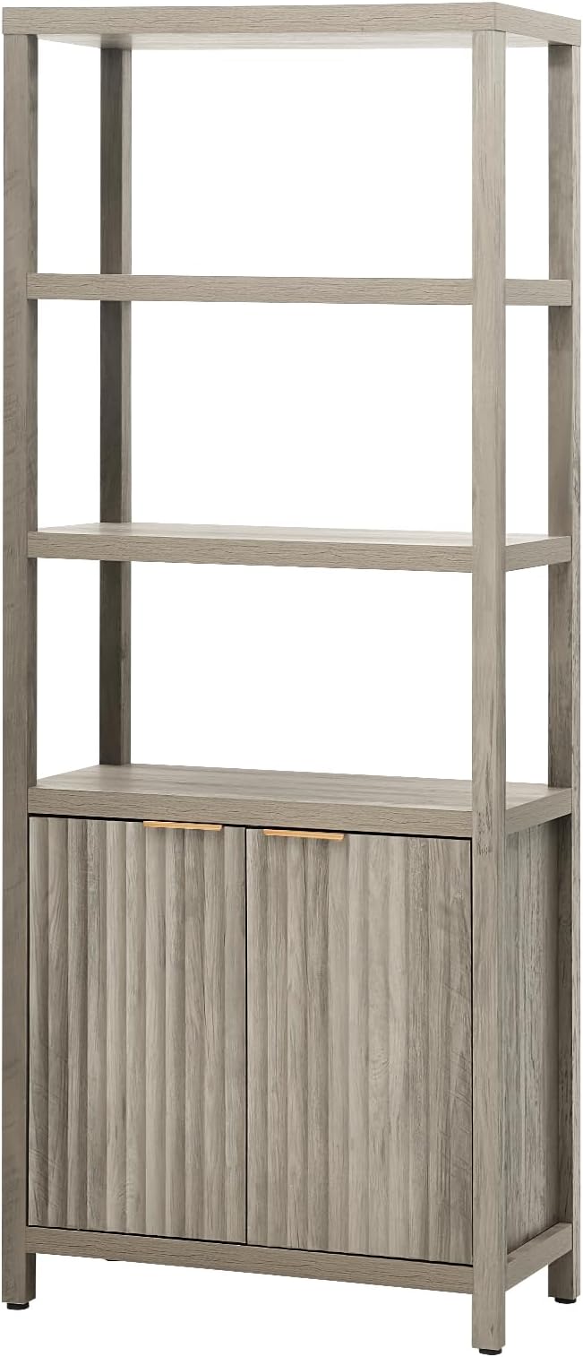 Oxford Bookshelf, Tall Book Shelf with Doors Cabinet, 5-Tier Bookcase, Wooden Bookshelves with Fluted Panel, Large Bookcases with Storage for Living Room Bedroom (Gray Oak, 1PCS)