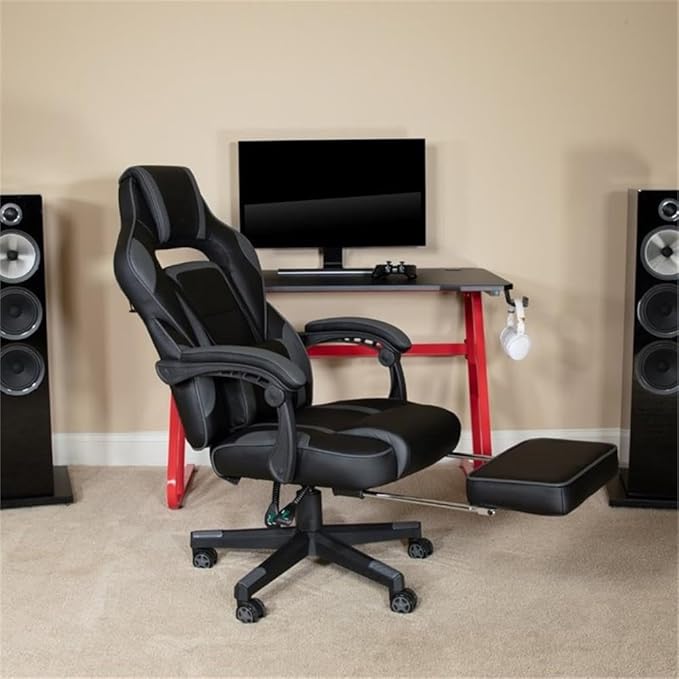 Flash Furniture X40 Gaming Chair Racing Ergonomic Computer Chair with Fully Reclining Back/Arms, Slide-Out Footrest, Massaging Lumbar - Black/Gray