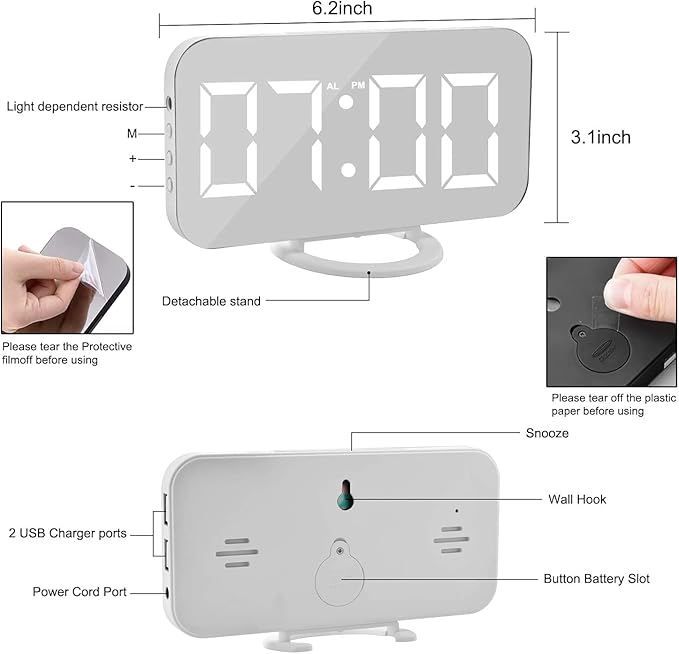 Sukeen Digital Alarm Clock,6" Large LED Display with Dual USB Charger Ports | Auto Dimmer Mode | Easy Snooze Function, Modern Mirror Desk Wall Clock for Bedroom Home Office for All People (White)