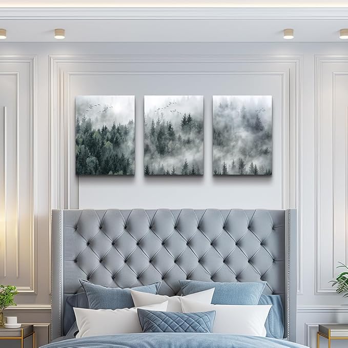 MHARTK66 Canvas Wall Art for Living Room - Modern Decorations for Bedroom, Foggy Forest Trees Landscape Painting - Office Decor Ready to Hang, Framed Pictures, 12x16 3 Panels