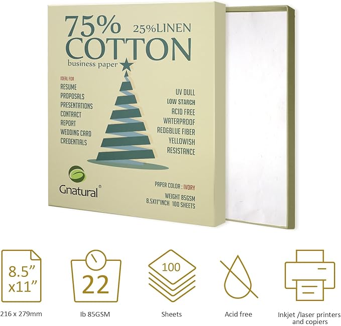 75% Cotton 25% Linen Business Paper, Ivory 85gsm 8.5"W x 11"L Resume Paper, Won't Get Wet Printing Paper 100/Box with Low Starch