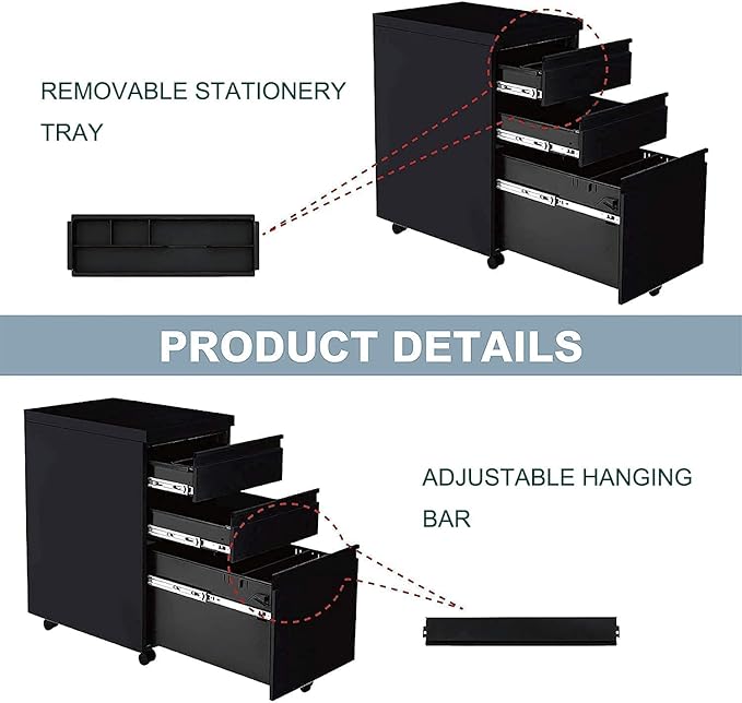 Yiguo 3-Drawer Mobile File Cabinet with Lock, Rolling Office File Cabinet Under Desk, Metal Filing Cabinet with Wheels for Legal Letter A4 File Size (Black)