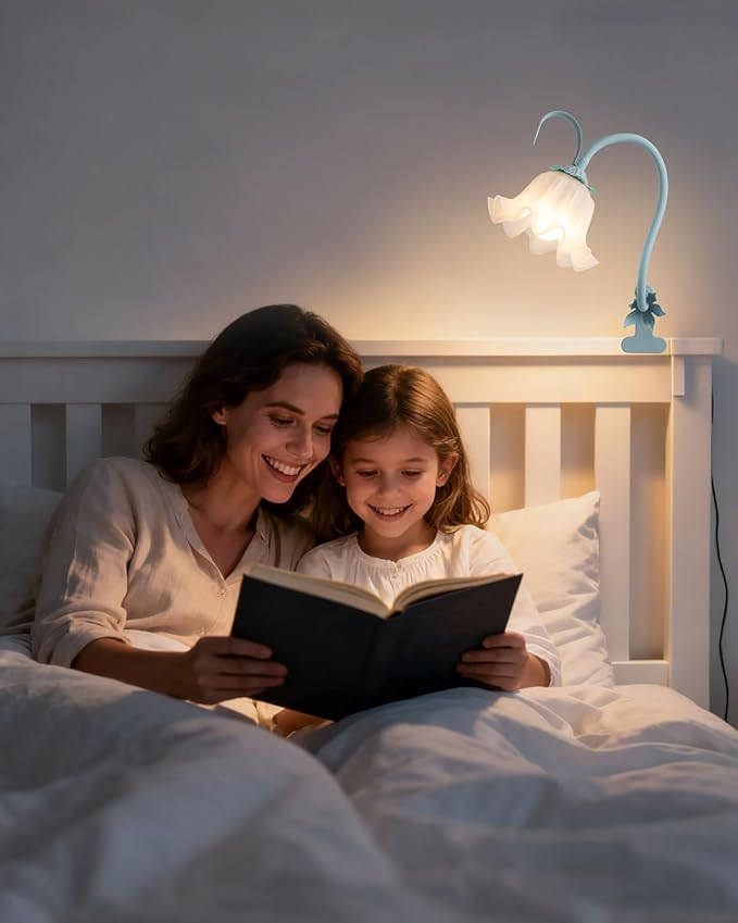 Flower Lamp Clip on Light, 3 Color Modes Eye-Caring Desk Lamp with Clamp, Dorm Room Essentials, Flexible Neck Reading Clamp Lamps for College Bedside Bookshelf Studying Room (Powder Blue)