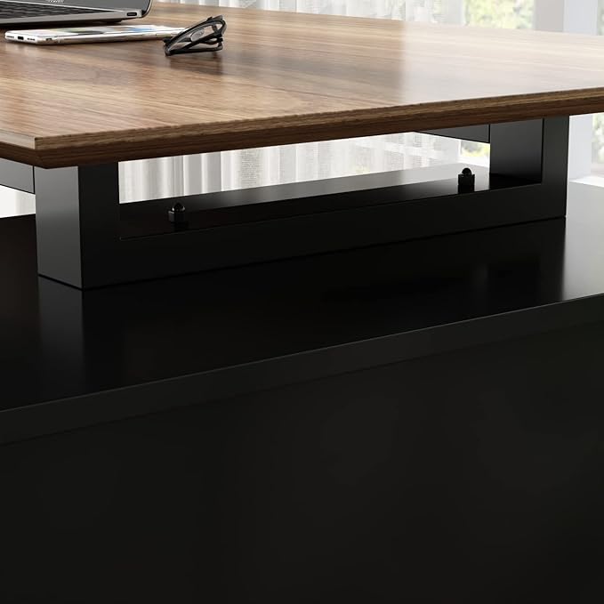 Homsee Home Office Computer Desk Corner Desk with 3 Drawers, 2 Shelves & 2 Doors, 55 Inch Large L-Shaped Study Writing Table with Storage Cabinet, Black & Brown (54.3”L x 40.9”W x 29.1”H)