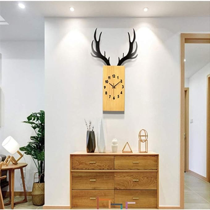 Wall Clock Deer Head Wall Clock, Silent Wooden Wall Clocks with Roman Numeral, for LivingRoom/Kitchen/Bedroom/Office/Lounge, Decorative Wall Clock Clock