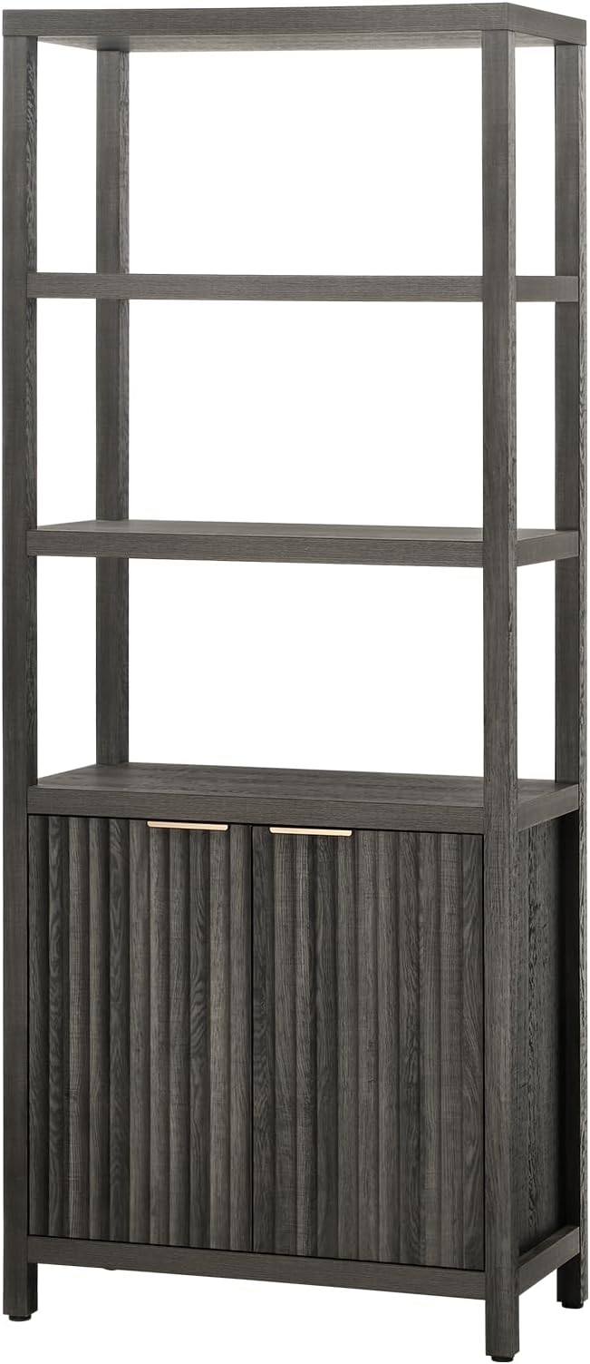 Oxford Bookshelf, Tall Book Shelf with Doors Cabinet, 5-Tier Bookcase, Wooden Bookshelves with Fluted Panel, Large Bookcases with Storage for Living Room Bedroom (Midnight Oak, 1PCS)