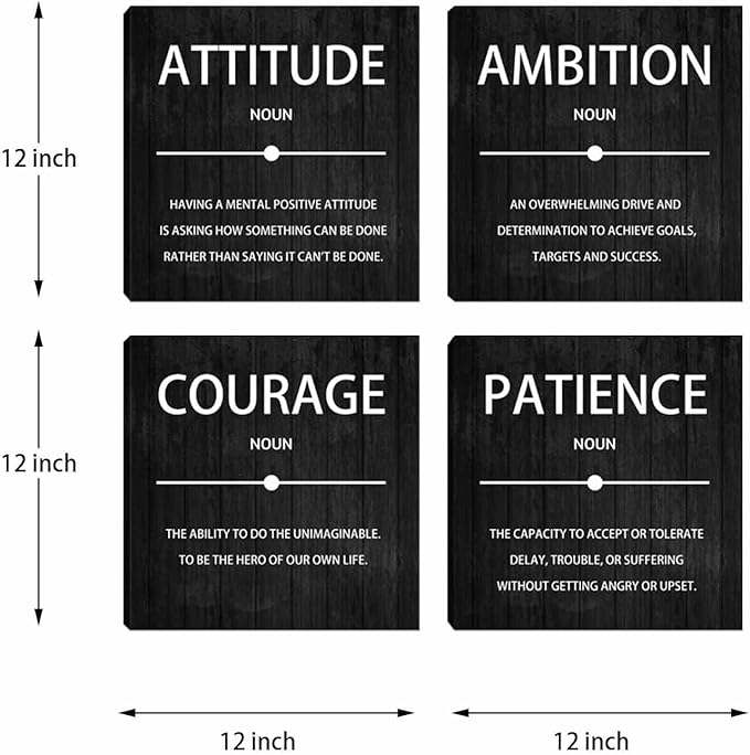 4 Panel Inspirational Canvas Wall Art, Motivational Office Wall Decor, Ambition Attitude Patience Courage Painting Posters Prints for Living Room Bedroom Home Office, 12x12-inch