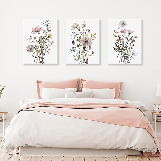 Bwodke Framed Wildflower Canvas Wall Art Pink Watercolor Botanical Floral Poster Prints Set of 3 Modern Minimalist Flower Pictures Home Decor Painting Bedroom Bathroom Living Room 12"x16"