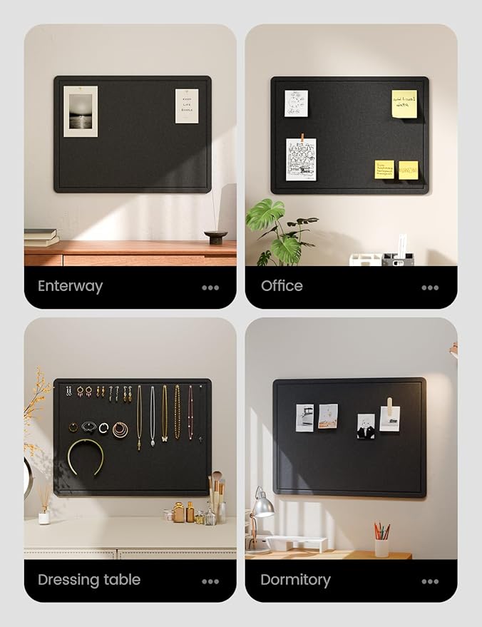 Fluxynara Bulletin Board, 23.6" x 17.5" Cork Board Alternative with 12 Safe Removable Adhesive Tabs, Foldable Felt Pin Board for Home Office, Classroom, Bedroom,Entryway for Walls— Black