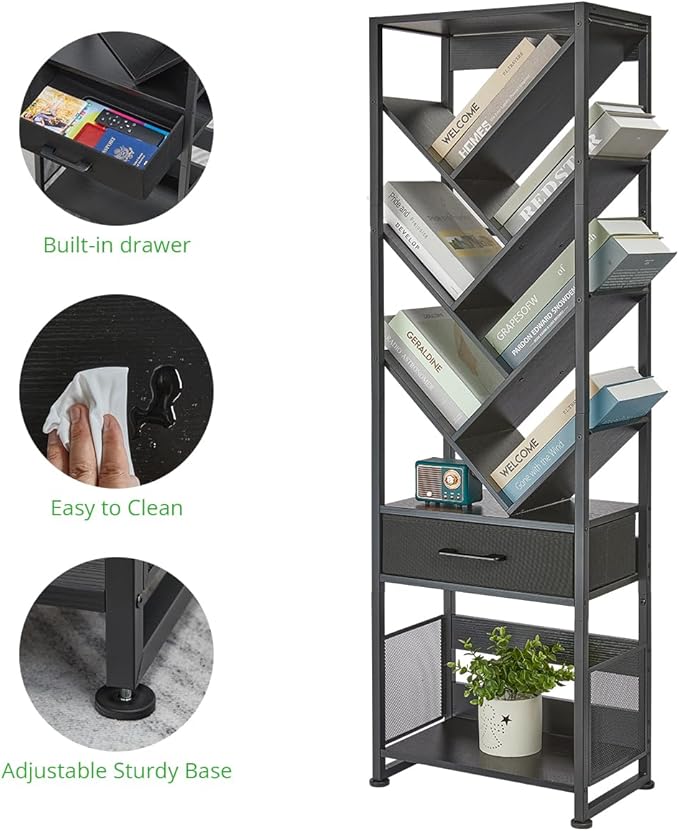Bookshelf with Drawer,10 Tier Tree Bookcase Retro Floor Standing Bookshelves,Tall Wood Bookcases with Cabinet Storage Organizer for Living Room, Bedroom & Home Office, Black
