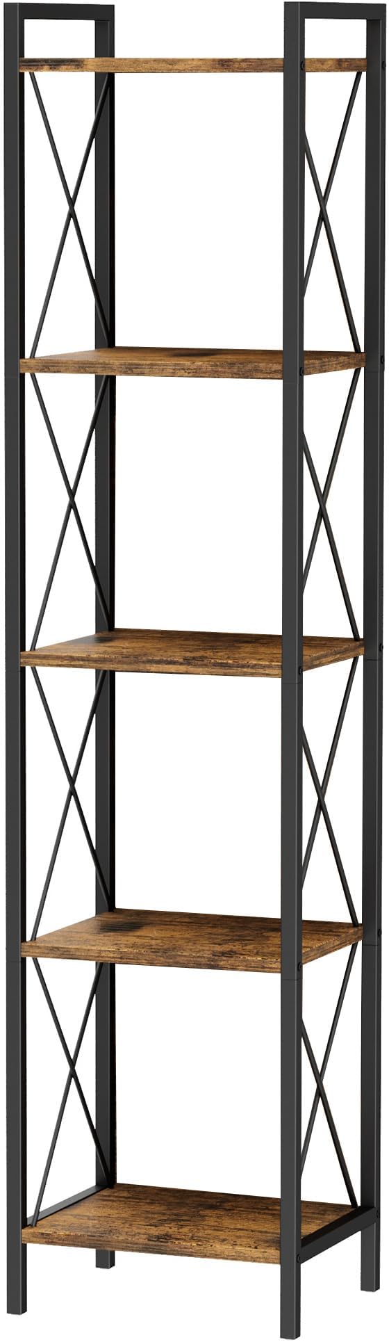 Homhedy 5 Tier Bookshelf, Tall Narrow Bookcase for Small Space, Metal Storage Book Shelf, for Home Office, Living Room, Kitchen, Bedroom, Industrial Style, 10.4" D x 13" W x 55.1" H, Rustic Brown