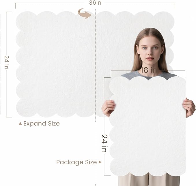 Scalloped Bulletin Board, 36 x 24 Inches Felt Pin Board - Decorative Cork Alternative for Wall, 3' x 2' Foldable Picture Self-Adhesive Vision Prayer Board with 20 Pushpins - White