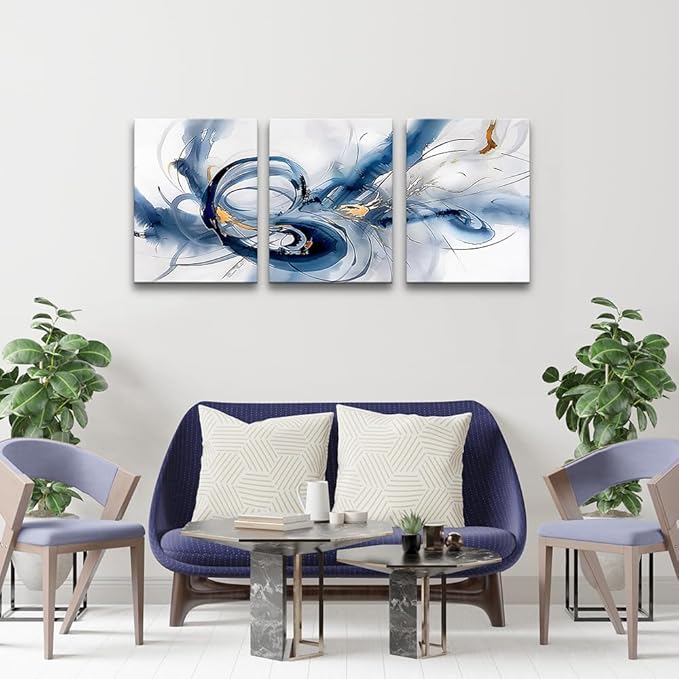 TTHYUEWS Abstract Canvas Wall Decor - Bedroom & Living Room Modern Office Art - Minimalist Blue Ink Wall Paintings - 3 Pieces