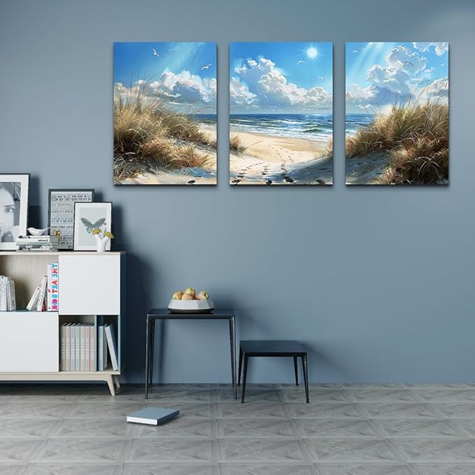 TTHYUEWS Canvas Wall Art For Bedroom & Living Room Modern Decorations Blue Ocean Beach Wall Paintings Sea Wave Wall Pictures Artwork for Office Ready To Hang Home Decor 3 Piece