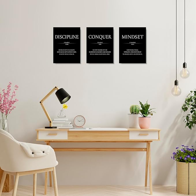 LMGOV Motivational Wall Decor, Office Wall Art for Men, 12" x16" Framed Canvas Painting for Bedroom, Wall Picture for Living Room, Black and White Poster for Gym, Bathroom, Sports, Dorm (3 Piece)