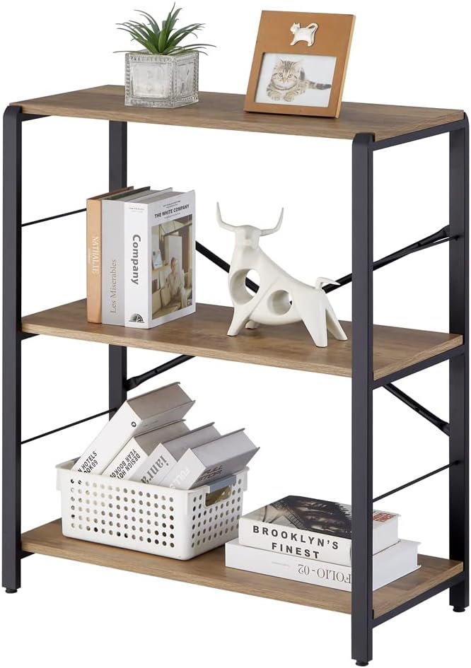 FOLUBAN Small Bookshelf, 3 Tier Open Book Shelf, Rustic Wood and Metal Shelving Unit for Small Space, Oak
