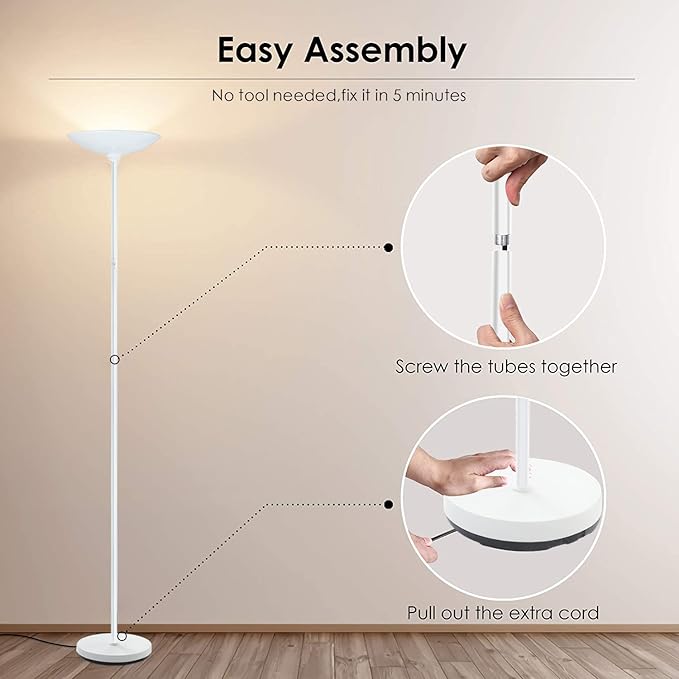 BoostArea Floor Lamp, 70.5‘’ Torchiere Standing Lamp, 20W 2000LM LED Halogen Floor Lamp,Stepless Dimmable, Touch Switch, Pole Sky Floor Lamps for Living Room, Standing Lamps for Bedroom, White
