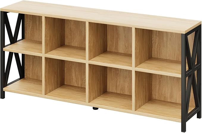63" 8 Cube Horizontal Bookshelf Long Bookshelf Wood Cube Storage Organizer Wood Cubby Bookcase for Living Room Maple