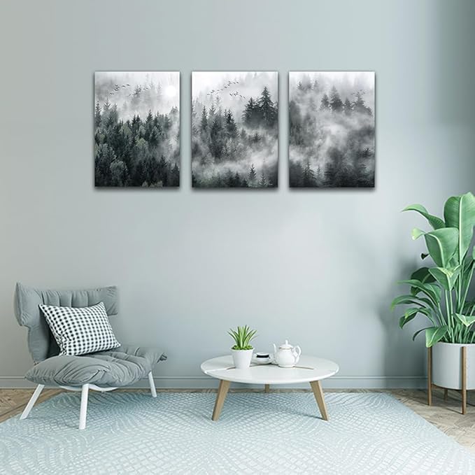 Lapremoly Framed Wall Art Living Room Canvas Wall Decor For Bedroom Office Decoration Foggy Forest Trees Scenery Wall Painting Landscape Wall Art Prints Ready To Hang Home Decor 16" X 24" 3 Piece