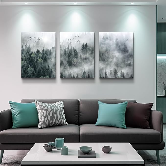MHARTK66 Wall Decor Living Room Large Size Canvas Wall Art For Bedroom Foggy Forest Trees Landscape Wall Painting Office Decor Wall Decorations Ready To Hang Framed Wall Pictures Home Decor 3 Pieces