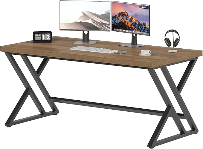 LVB Long Computer Desk, Big Industrial Home Office Desk, Large Metal Wood Writing Study Computer Table for Bedroom, Modern Executive Simple Gaming Work Desk for Student, Rustic Oak, 60 in