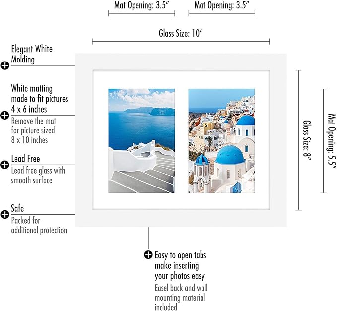 Americanflat 4x6 Double Picture Frame with Shatter-Resistant Glass - Fits Two 4x6 Photos or Use as One 8x10 Picture Frame - Signature Collection - Collage Frames for Tabletop and Wall - White