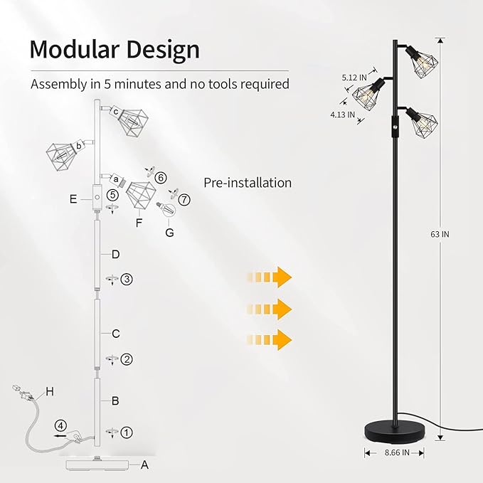 Floor Lamp, Industrial Floor Lamps for Living Room,Tree Standing Lamp Bright with 3 Charm Diamond Head 1200 Lumens Edison Bulbs LED,3 Way Switch,Modern Stand up Lamp for Bedroom Office Farmhouse