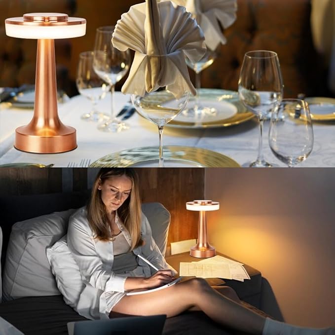 Cordless Metal Desk Lamp, Touch Sensor Control LED Table lamp,3 Color Stepless Dimmable Battery Powered Lamp for Living Room, Dorm, Home Office (Matte Rose Gold)